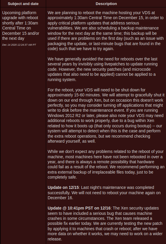 screen shot showing our
                                         server host provider statement about upcoming maintenance from our host provider for legacy